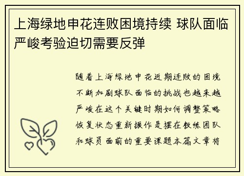 上海绿地申花连败困境持续 球队面临严峻考验迫切需要反弹