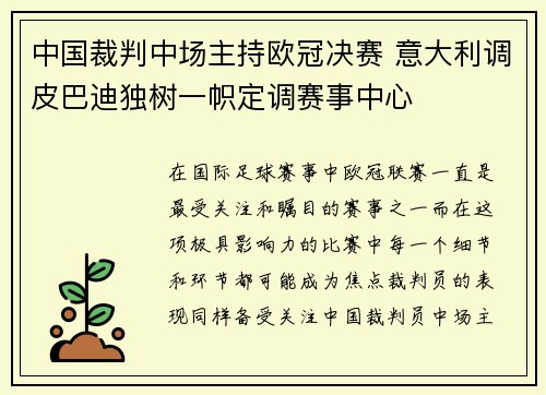 中国裁判中场主持欧冠决赛 意大利调皮巴迪独树一帜定调赛事中心 中国裁判中场主持欧冠决赛 意大利调皮巴迪独树一帜定调赛事中心