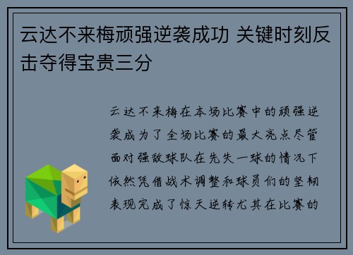 云达不来梅顽强逆袭成功 关键时刻反击夺得宝贵三分