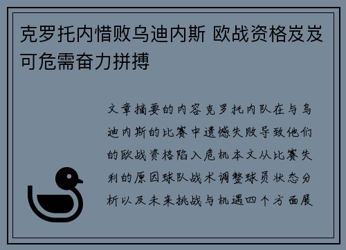 克罗托内惜败乌迪内斯 欧战资格岌岌可危需奋力拼搏