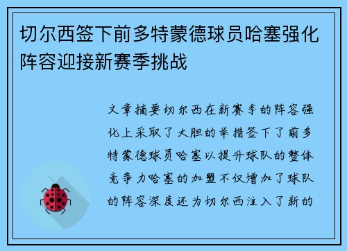 切尔西签下前多特蒙德球员哈塞强化阵容迎接新赛季挑战